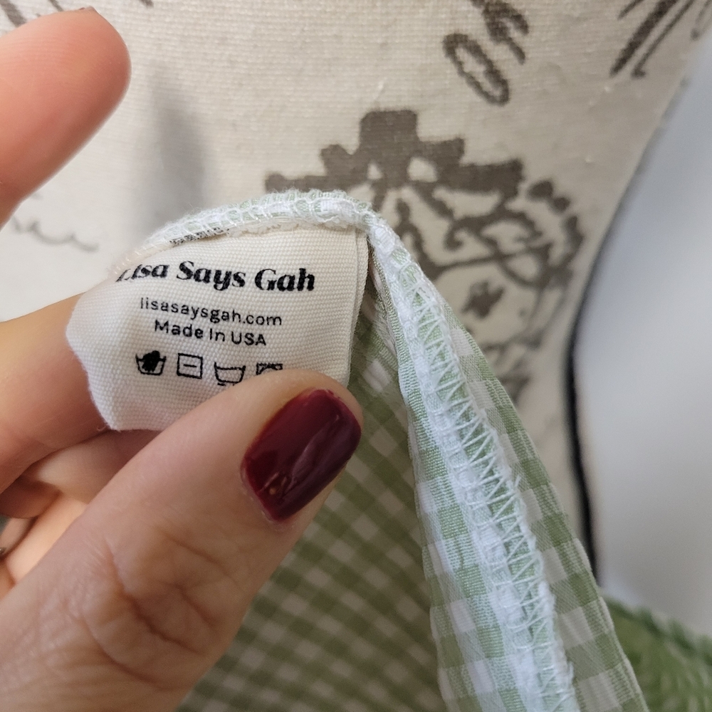 Lisa Says Gah Lily Green White Gingham Mini Dress with Puff Sleeves Babydoll XS - Picture 8 of 9
